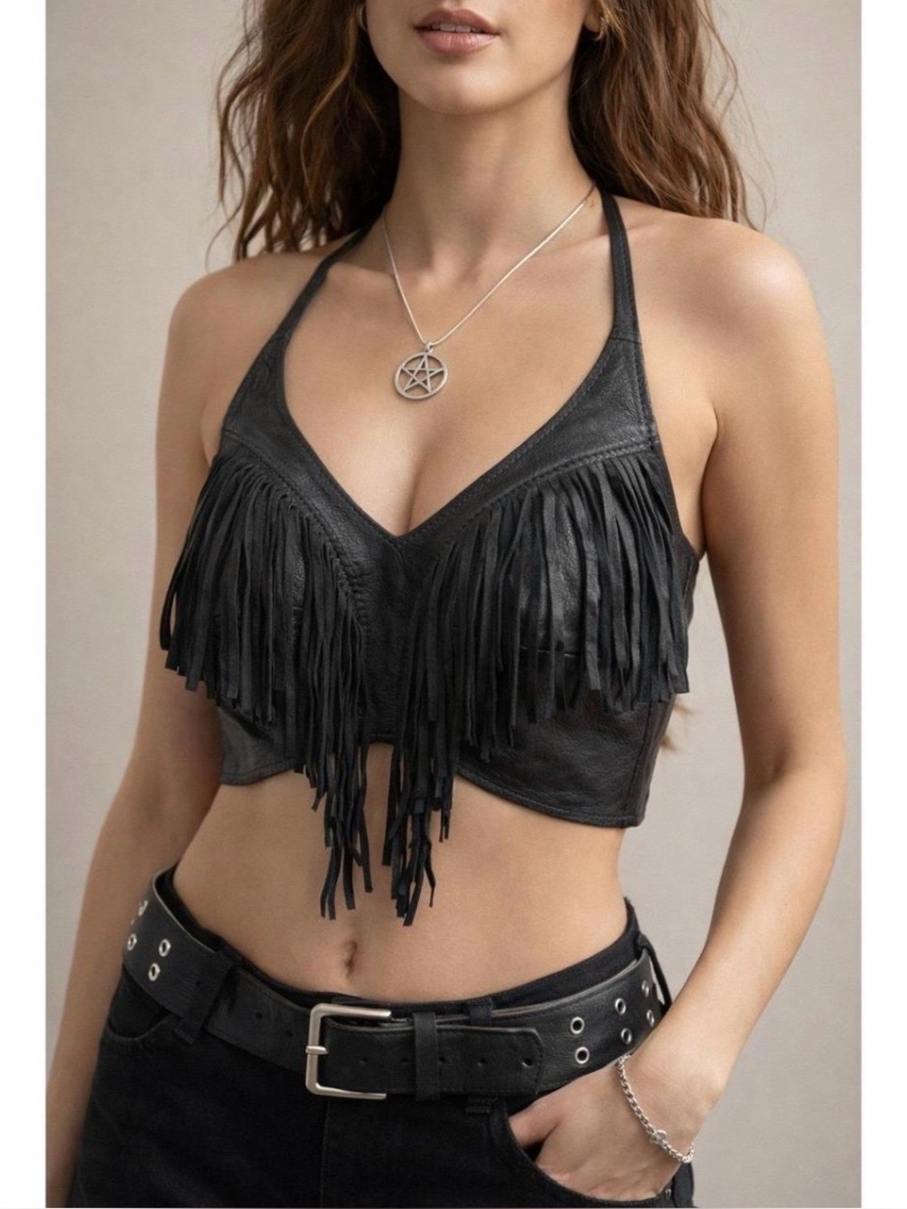 Handmade genuine leather Fringe moto Halter Crop Top - Black